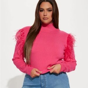Pink Cropped Feather Trimmed Sweater - Plus Size